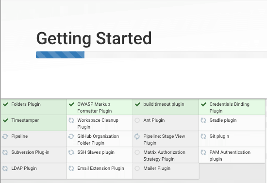 Jenkins2推奨プラグインインストール中