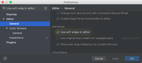 Use soft wrap in editor
