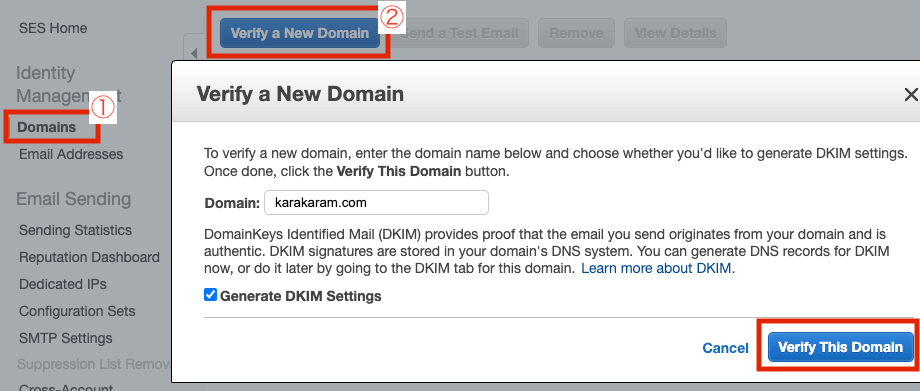 Amazon SES Verify a New Domain