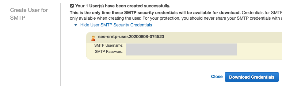 Amazon SES Create User for SMTP