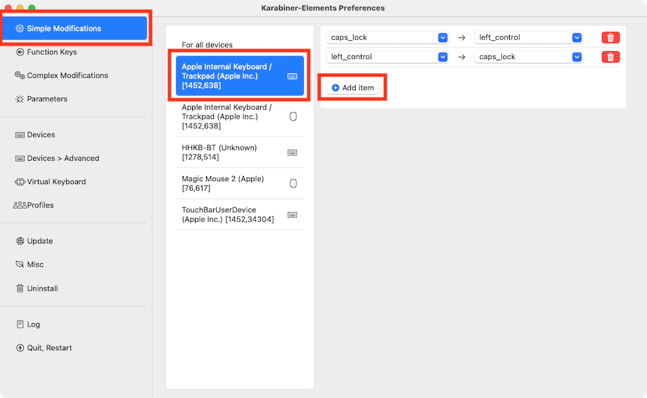 Simple Modifications の Apple Internal Keyboard を設定する